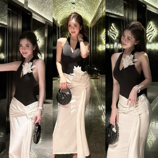 Váy body đuôi cá dài cổ yếm phối vạt rơi 220724