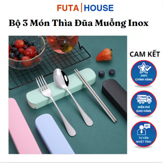 Bộ 3 Món Thìa Đũa Muỗng Inox Kèm Hộp Đựng Bằng Nhựa Lúa Mạch Văn Phòng, Học Sinh Không Gây Hại