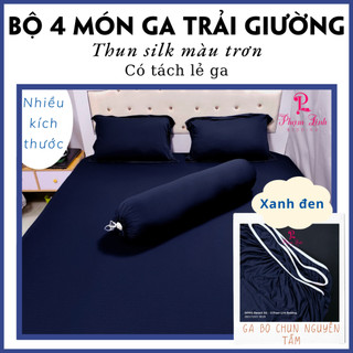 [Xanh đen] Bộ 4 món Drap-Ga trải giường bo chun vải thun sợi silk màu trơn có size lớn tách lẻ sản phẩm Bộ ga và vỏ gối