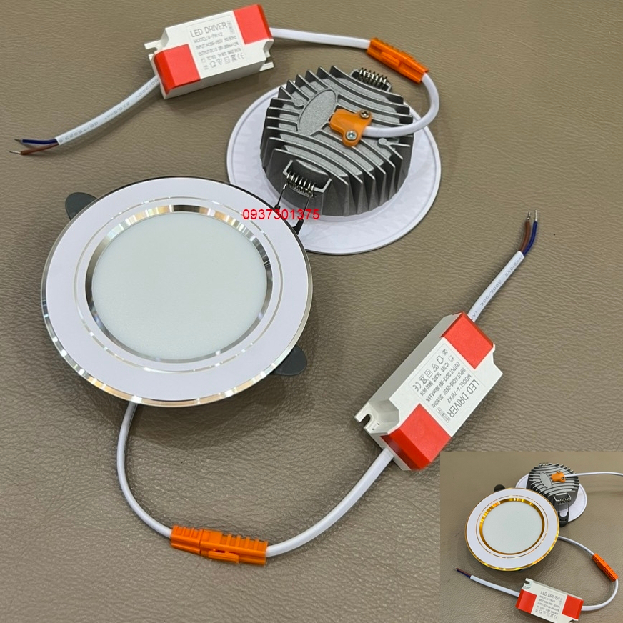 Đèn Âm Trần Led 7W 3 Chế Độ Sáng Phi 90 Viền Vàng, Viền Bạc, Mặt Phủ 120Mm, Nguồn Có Tụ Tenta Ổn Định Bảo Hành 2 Năm