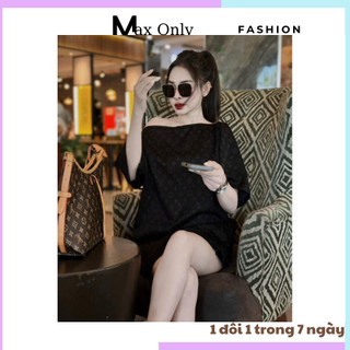 Áo thun nữ trễ vai form rộng có khoá kéo hoạ tiết l.v in full