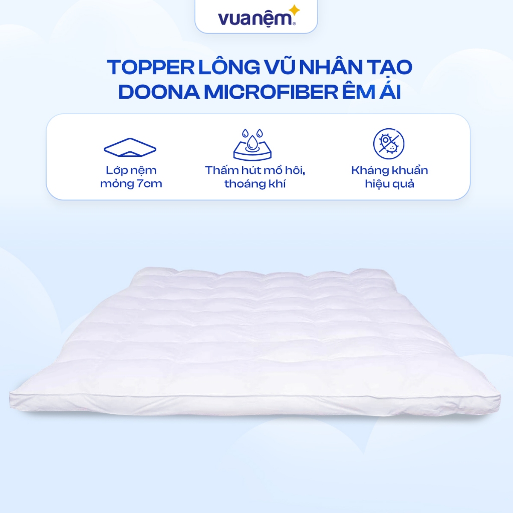 Topper bông Doona Microfiber cao cấp êm ái, dày dặn thấm hút mồ hôi,  kháng khuẩn tốt