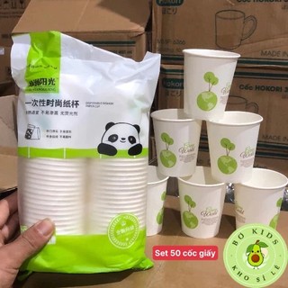 Cốc giấy dùng 1 lần, SET 50 cốc giấy gấu trúc nhập khẩu dùng 1 lần chịu nhiệt, dung tích 235ml