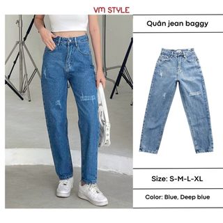 Quần jean nữ VMSTYLE baggy lưng cao tạo xước dáng suông form đẹp - QJB00009