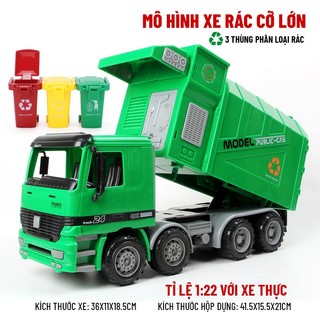 MÔ HÌNH XE CHỞ RÁC TỈ LỆ 1:22 KÈM 3 THÙNG RÁC PHÂN LOẠI, CÓ CHẾ ĐỘ NÂNG THÙNG MÔ PHỎNG ĐỔ RÁC NHƯ XE THẬT