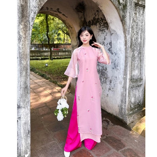 Áo dài tơ thêu 4 tà màu hồng trẻ trung - Áo Dài Đan Linh
