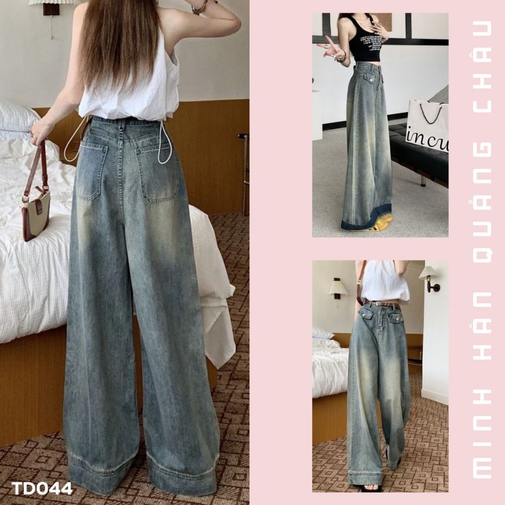 Quần bò jeans cạp cao dáng xuông phối túi giả gặp nắp hàng QC cao cấp-TD044