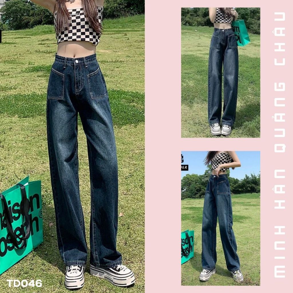Quần jeans cạp cao ống xuông phối 2 túi trước thời trang hót hít hàng QC cao cấp-TD046