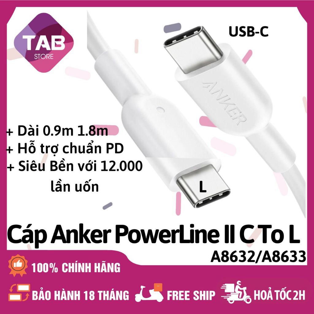 Cáp Anker PowerLine II C To L 0.9m Chính Hãng - A8632 A8633 (Bảo Hành 18T)