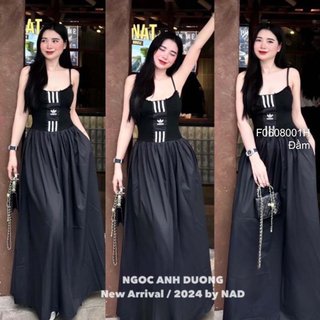 Đầm đen 2 dây dáng dài tùng xòe ngực phối kẻ sọc trắng giữa! TOMBI SHOP