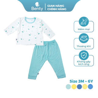 Bộ dài tay cài vai họa tiết, sọc BENTY cotton chính hãng, đồ bộ trẻ em cao cấp bé trai bé gái