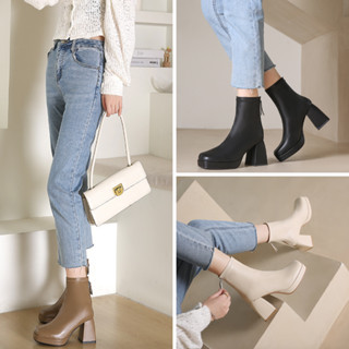 [ SIZE 35-40] Giày boot nữ cổ ngắn MẪU MỚI - ĐƠN GIẢN 3 màu ĐEN/ KEM/ NÂU đế cong cao 8cm MŨI VUÔNG THỜI THƯỢNG GBN28