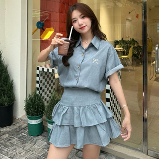 Set áo sơ mi thêu nơ nhỏ kèm chân váy 2 tầng cá tính CHANGSTORE - V131