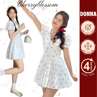 DONNA - Đầm cổ tim tay phồng Cherry Blossom có đệm ngực tùng váy xoè xếp ly có lưới tạo phồng