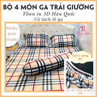 [Nhiều size] Bộ 4 món Ga trải giường vải thun Hàn Quốc in3D sợi Polyester drap bo chun vỏ gối nằm áo gối ôm caro vàng đỏ