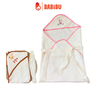 Chăn ủ xô 4 lớp muslin, ủ hình gấu thỏ đáng yêu có mũ có đai 90x90cm babibu
