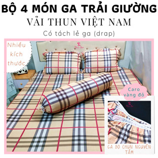 [Nhiều size] Bộ 4 món Ga trải giường vải thun lạnh Việt Nam sợi Sẹc-xây drap bo chun vỏ gối nằm áo gối ôm caro vàng đỏ
