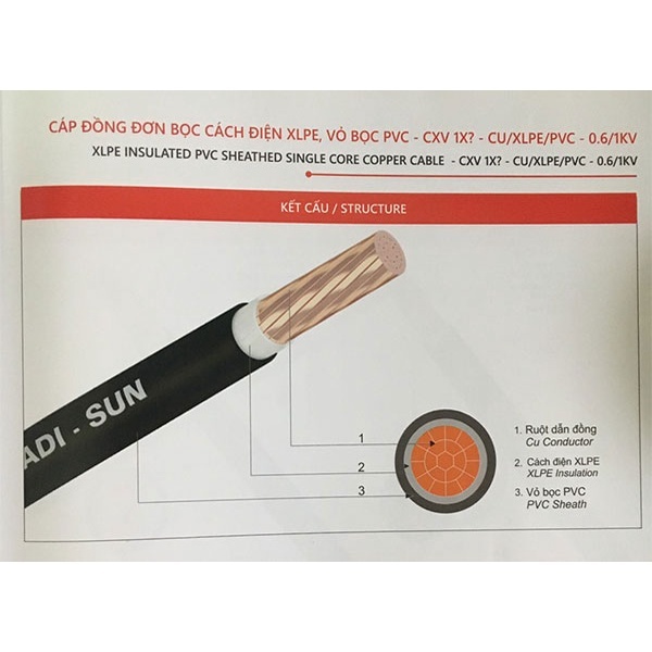 Cáp điện Cu/XLPE/PVC 4x6mm vỏ đen, cứng Cadisun