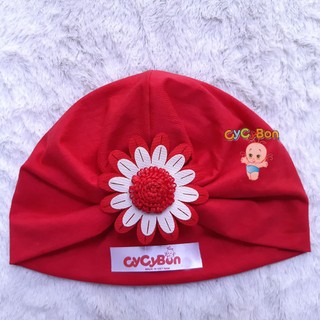 Mũ Nón Turban Cho Bé Gái Thun Cotton Đính Bông Hoa Cúc Đỏ Trắng - Cực Xinh- Có Size từ Sơ Sinh