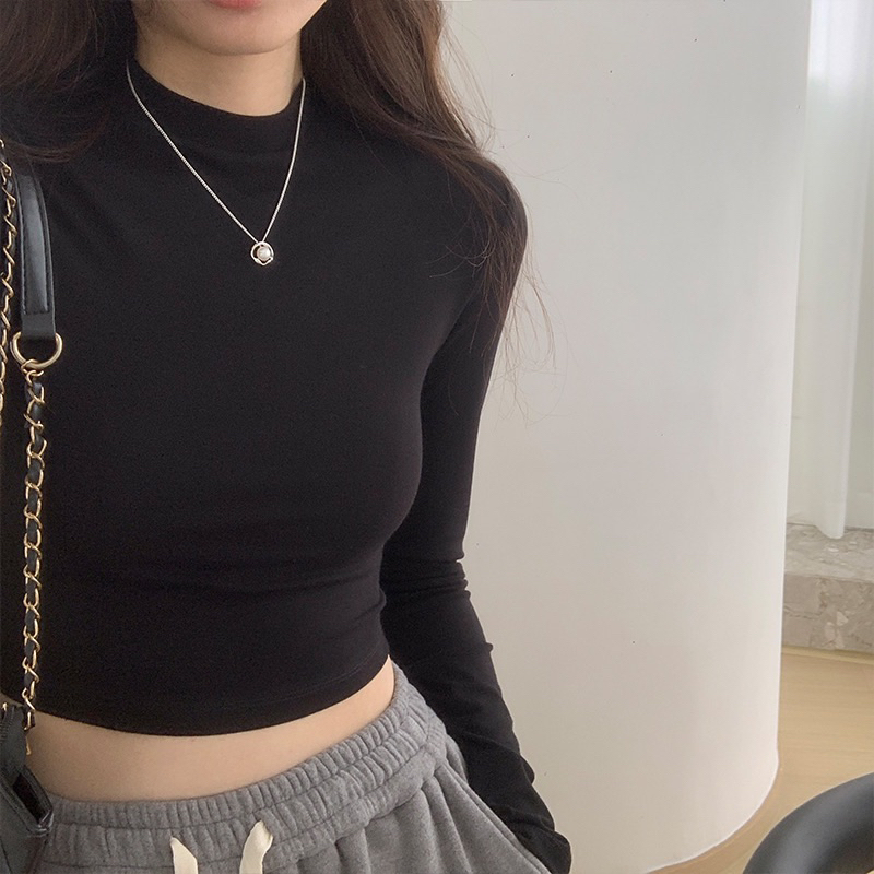 PQ01-Áo Thun croptop nữ tay dài cổ lọ ôm body chất bozip PQ Store Freesize 42-52kg | BigBuy360 - bigbuy360.vn