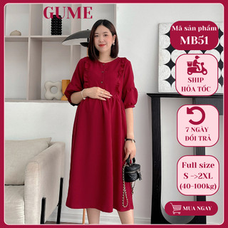 Váy bầu bigsize - Đầm bầu thiết kế GuMe màu Đỏ kiểu dáng babydoll dây bèo 2 bên Tay Bồng Siêu Yêu size từ 40-100kg MB51