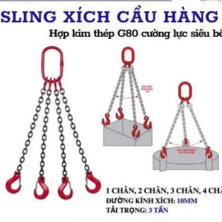 Sling xích cẩu hàng 1 chân, 2 chân, 3 chân, 4 chân - Sling xích 10mm tải 3.2 tấn cẩu nâng hàng hóa container, tàu thuyền