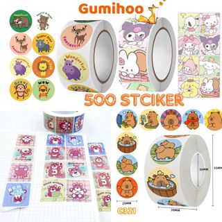 (500 miếng) Cuộn sticker khen thưởng, cảm ơn kuromi loopy học tiếng Anh bullet journal động vật