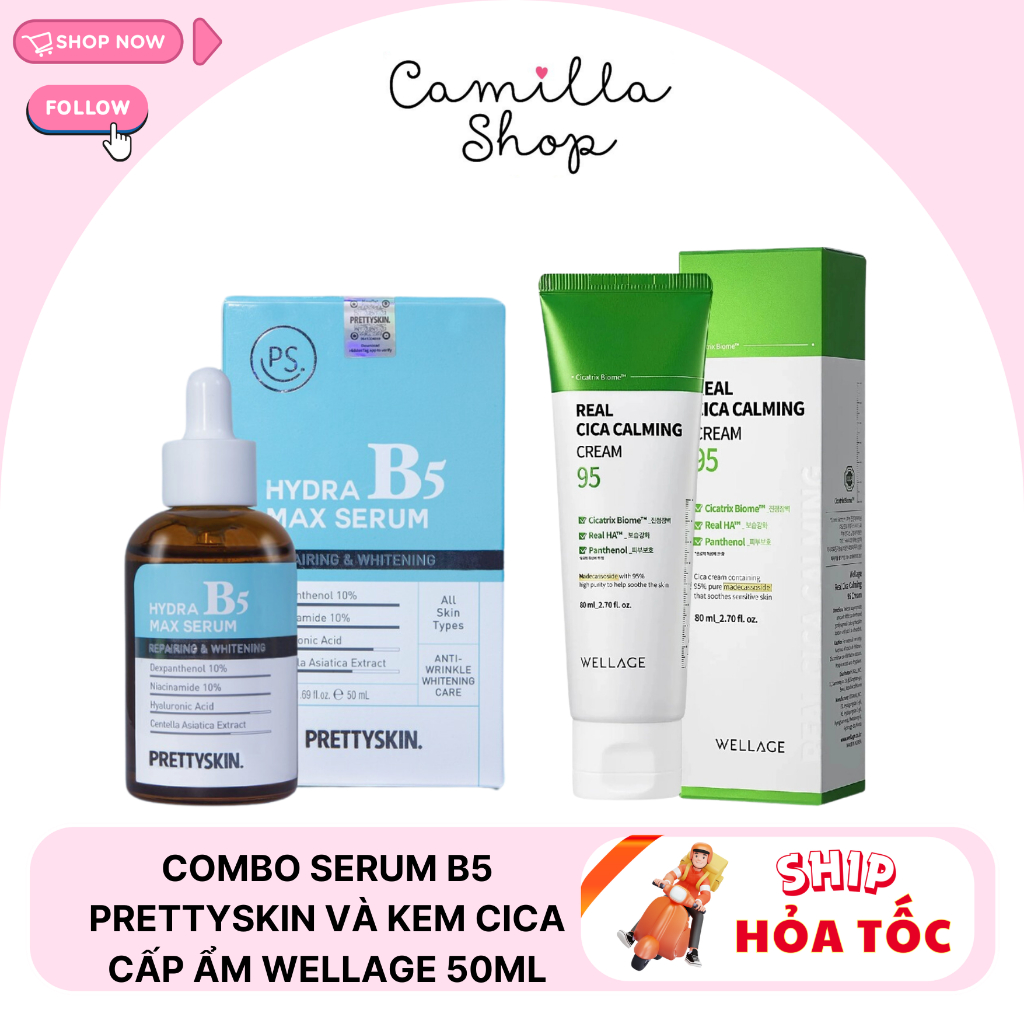 Combo cấp ẩm phục hồi da Serum b5 Pretty Skin 50ml và Kem dưỡng cica Wellage 50ml