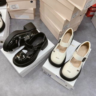 Giày búp bê nữ miumiu nhỏ da bóng mũi tròn , lolita nữ quai ngang dán chữ miu , đốc nữ cao 5cm