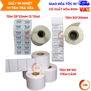 Giấy in tem mã vạch 35x22, 72x22 decal tem trà sữa 50x30, 40x30, tem cân điện tử 58x40, 60x40