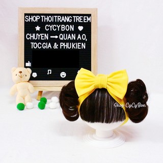 Mũ nón turban tóc giả cho bé gái thun cotton màu vàng nơ kèm mái và búi 2 bên