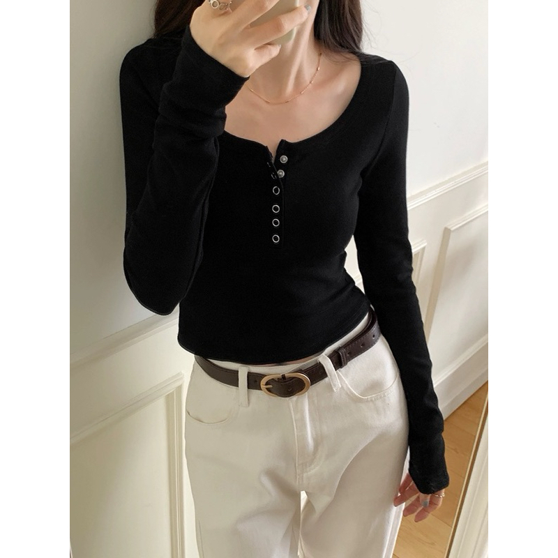 Áo Thun Cổ U Tay Dài 5 Cúc Bấm Không Gỉ Nữ - Top, Women