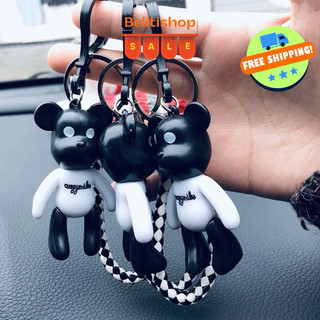 Móc khóa gấu Popobe Trắng đen (Kèm dây da) phụ kiện xinh cho túi xách balo