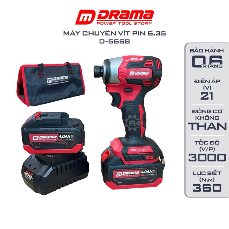 Máy chuyên vít pin DRAMA D5668, Động cơ Không chổi than 4 Tốc độ, Thiết kế Compact, Nhỏ gọn, Hiện đạ