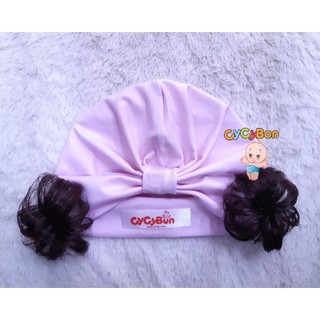 Mũ Nón Turban Cho Bé Gái Màu Hồng Phấn Kiểu Nút Kèm Tóc Giả Búi 2 Bên