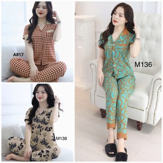 Đồ bộ mặc nhà pyjama nữ, bộ pizama lụa áo cộc quần dài mặc nhà sang chảnh