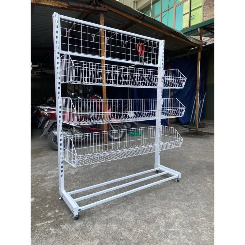 Kệ để hàng đa năng có bánh xe kết hợp móc treo + rổ lưới