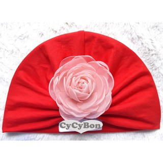Mũ Nón Turban Tóc Giả Cho Bé Gái Thun Màu Đỏ Đính Bông Hồng Kèm Búi 2 Bên