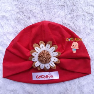 Mũ Nón Turban Cho Bé Gái Thun Cotton Bao Co Giãn Đính Bông Cúc Nâu Trắng