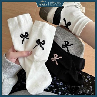 Tất vớ nữ cổ cao nơ đen phong cách Hàn Quốc, chất liệu cotton co giãn thoáng khí - Ekiu Shop