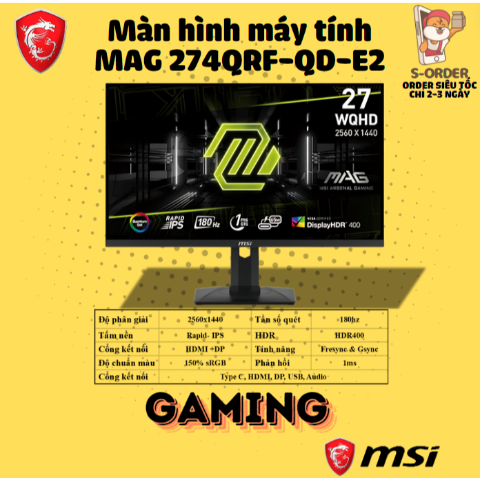 Màn hình MSI MAG274QRF 27 inch 2K 180hz Rapid-IPS Type-C Gaming chính hãng S-Order