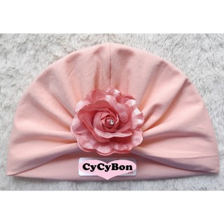 Mũ Nón Turban Tóc Giả Cho Bé Gái Thun Màu Hồng Da Đính Bông Ruốc Kèm Búi 2 Bên