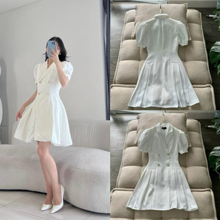 HIPU.VNXK - Đầm mixxo trắng chất tweed tay phồng phối nút ngọc thanh lịch.