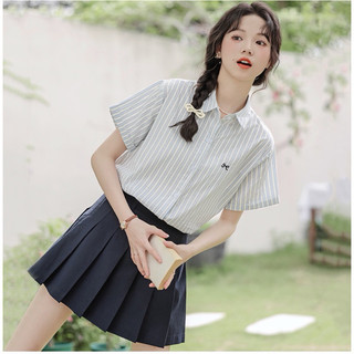 Áo Sơ Mi Kẻ Sọc Thêu Nơ Tay Ngắn Trẻ Trung🥰 Áo Sơ Mi Cộc Tay Form Vừa Cho Nữ