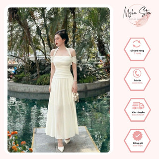 Đầm maxi tiểu thư trễ vai cổ yếm thun ánh kim kèm tag đá siêu hack dáng