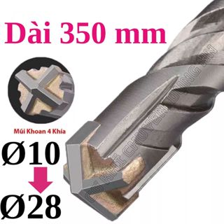 Mũi khoan bê tông 4 cạnh xiên tường, 4 chấu - Dài 350mm - từ Ø 10mm => Ø 28mm (XTK4)
