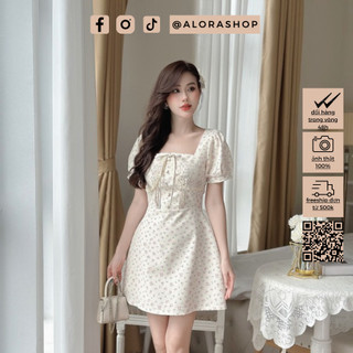 Váy hoa nhí cổ vuông tay bồng xếp li ngực hàng cúc thời trang nữ Alora