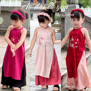 Áo Dài Cách Tân Cổ Yếm Cho Bé Gái CELINA D16 TẶNG Kèm Bờm Chất Liệu Lụa Vân Hoa Hoạ Tiết Thỏ Thêu Tay Xinh Xắn