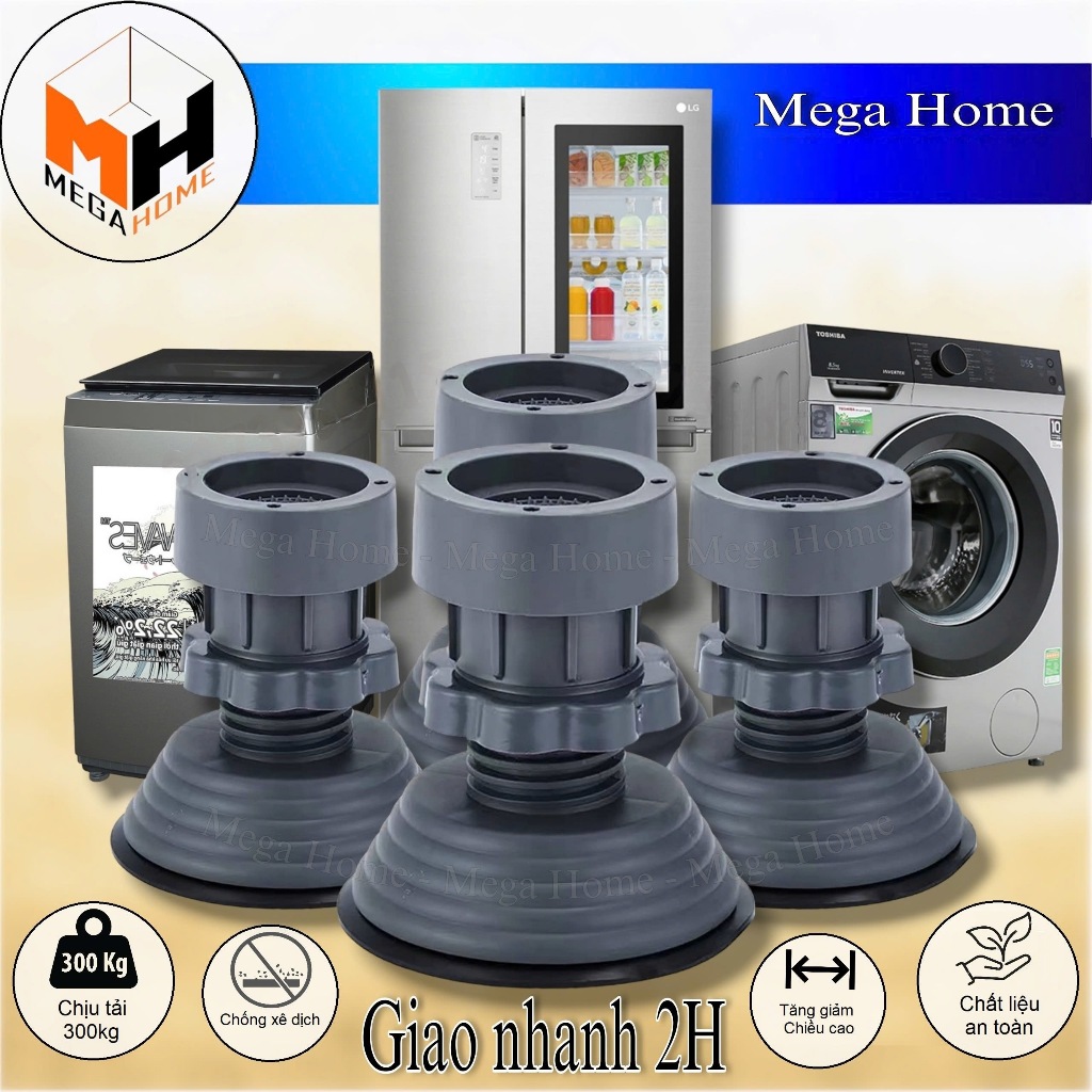 Bộ 4 chân chống rung cho máy giặt, tủ lạnh tăng giảm chiều cao, đế cao su chống rung tối ưu