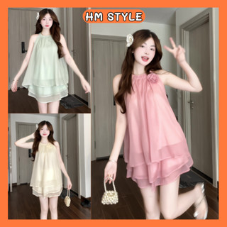 Set áo voan cổ yếm tiểu thư kèm chân váy xoè tầng phối hoa cài, set bộ đồ nữ phong cách tiểu thư dễ thương HB378